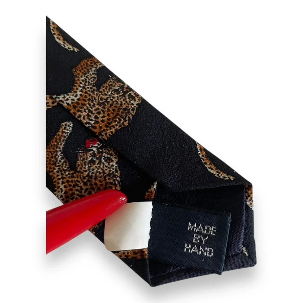 Vintage Polo Ralph Lauren Tie Navy Blue Leopard Animal Print Wide Hand Made USA‎